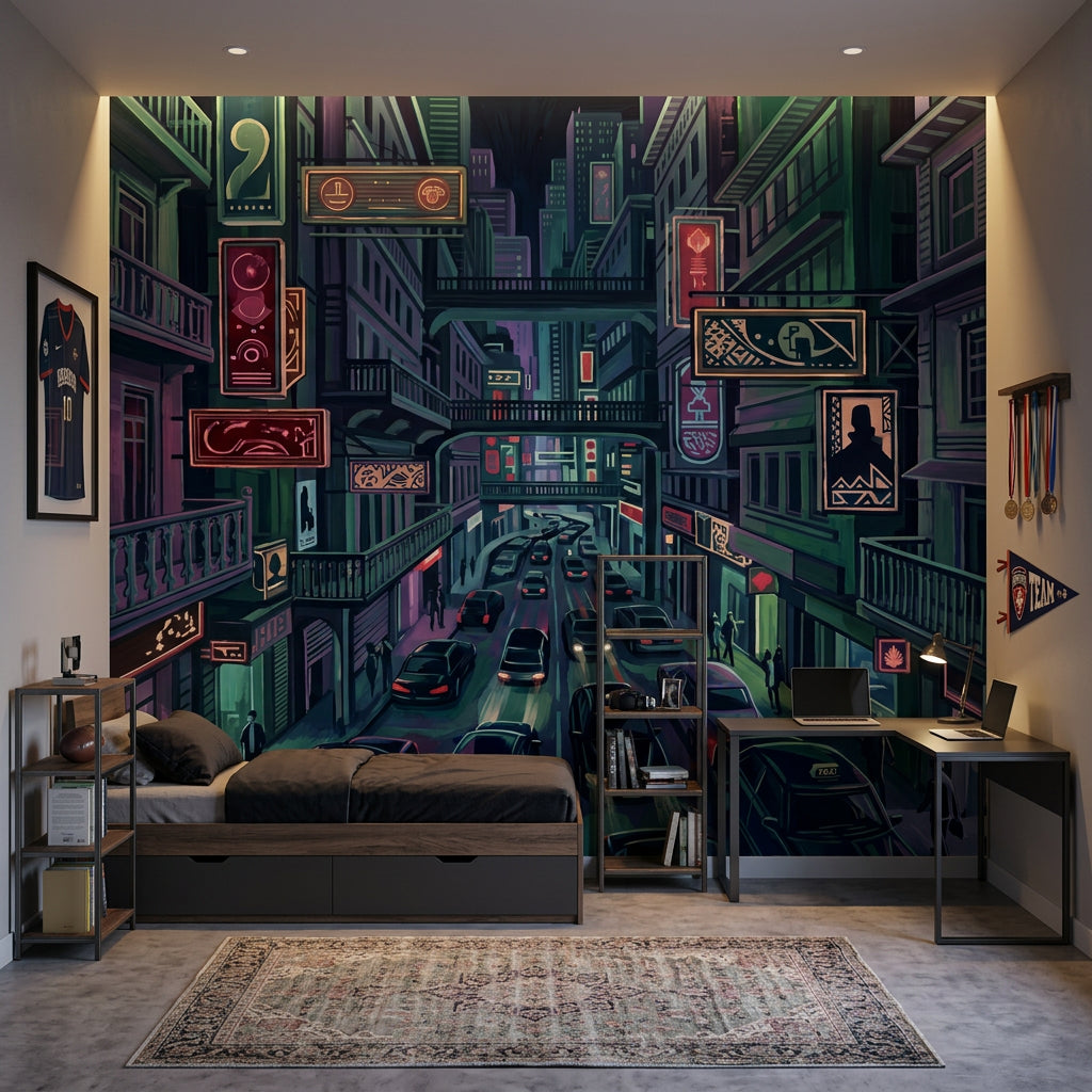 Night City Wallpaper Neon Signs Removable Urban Street Wall Decor