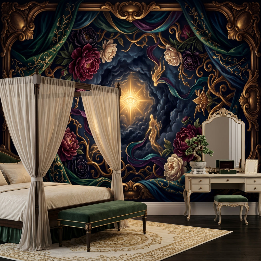 Mystical Eye Wallpaper Baroque Frame Floral Peonies Removable Wall Decor