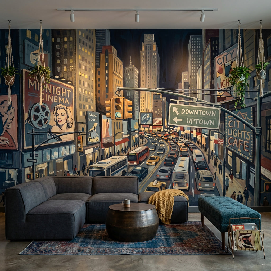 Dark Cityscape Wallpaper Night Street Downtown Traffic Removable Wall Decor