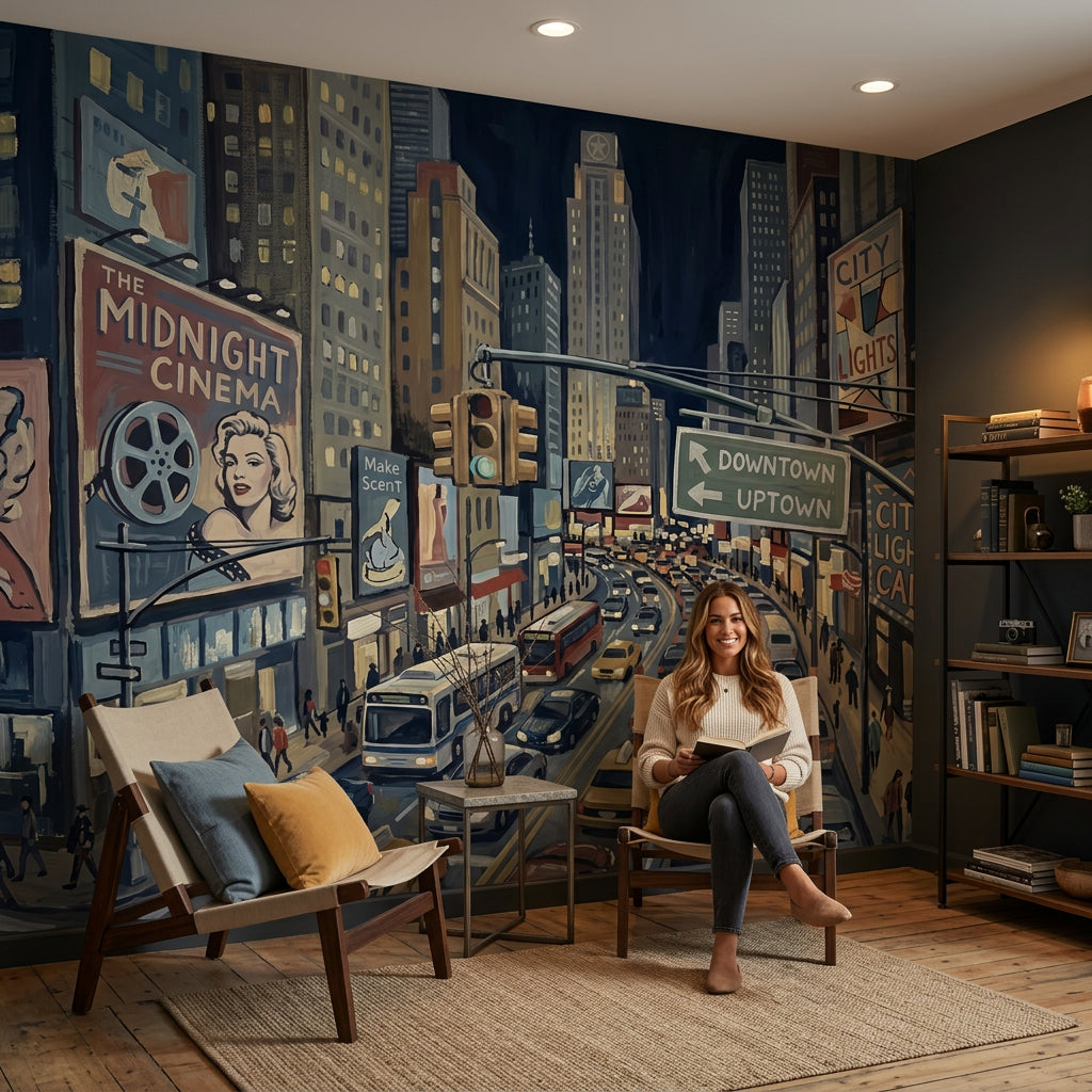 Dark Cityscape Wallpaper Night Street Downtown Traffic Removable Wall Decor