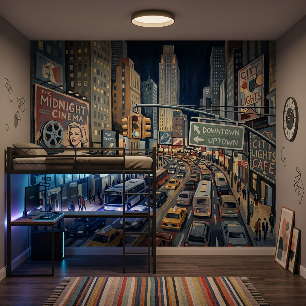 Dark Cityscape Wallpaper Night Street Downtown Traffic Removable Wall Decor