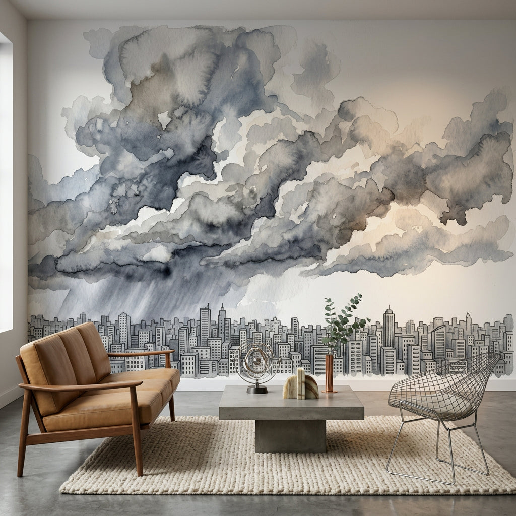 City Skyline Wallpaper Watercolor Storm Clouds Wall Mural