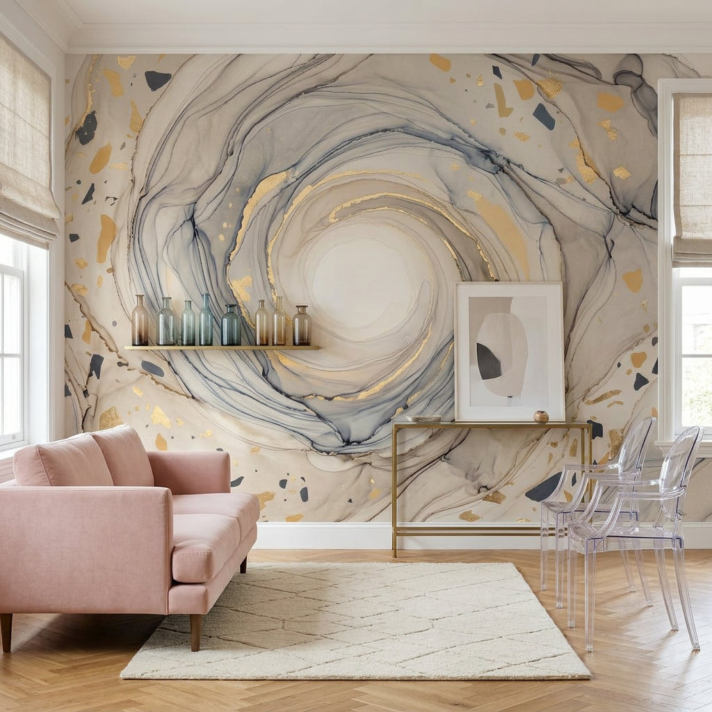 Abstract Marble Swirl Wallpaper Geode Inspired Removable Gold Foil Flecks Wall Decor
