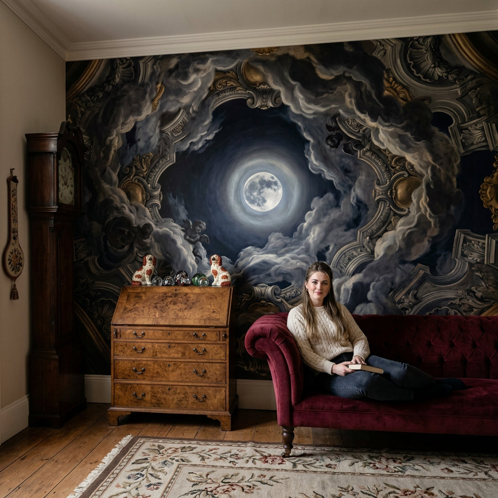 Full Moon Wallpaper Storm Clouds Baroque Ceiling Removable Wall Decor