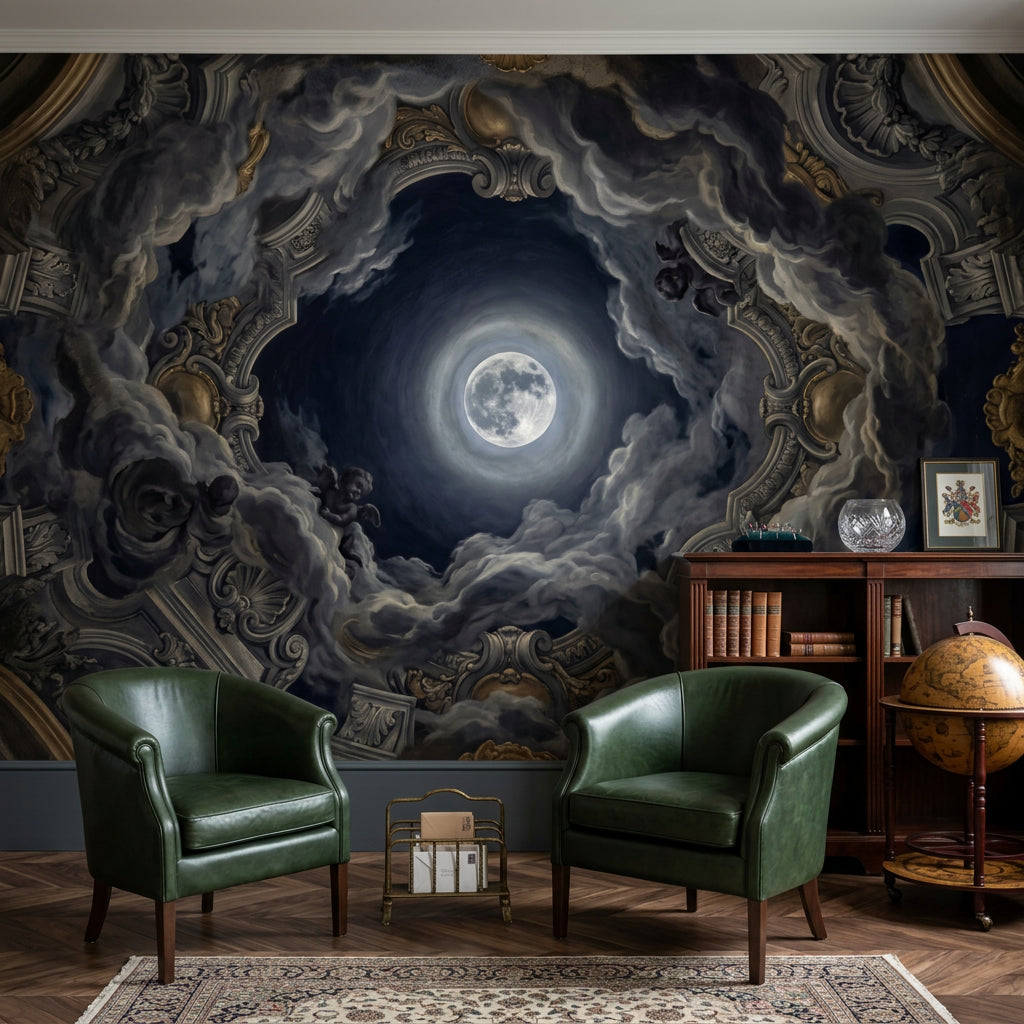 Full Moon Wallpaper Storm Clouds Baroque Ceiling Removable Wall Decor