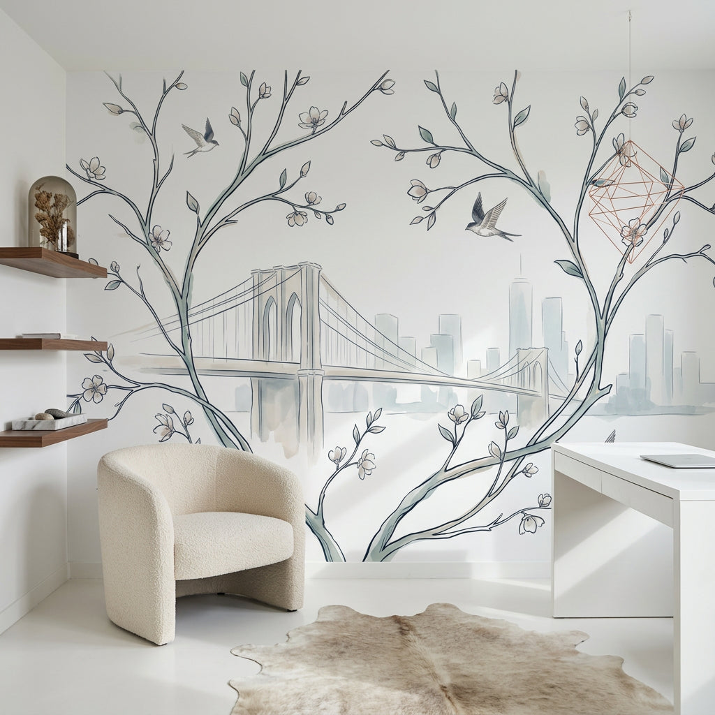 Muted Green Wallpaper Watercolor City Skyline Removable Wall Decor