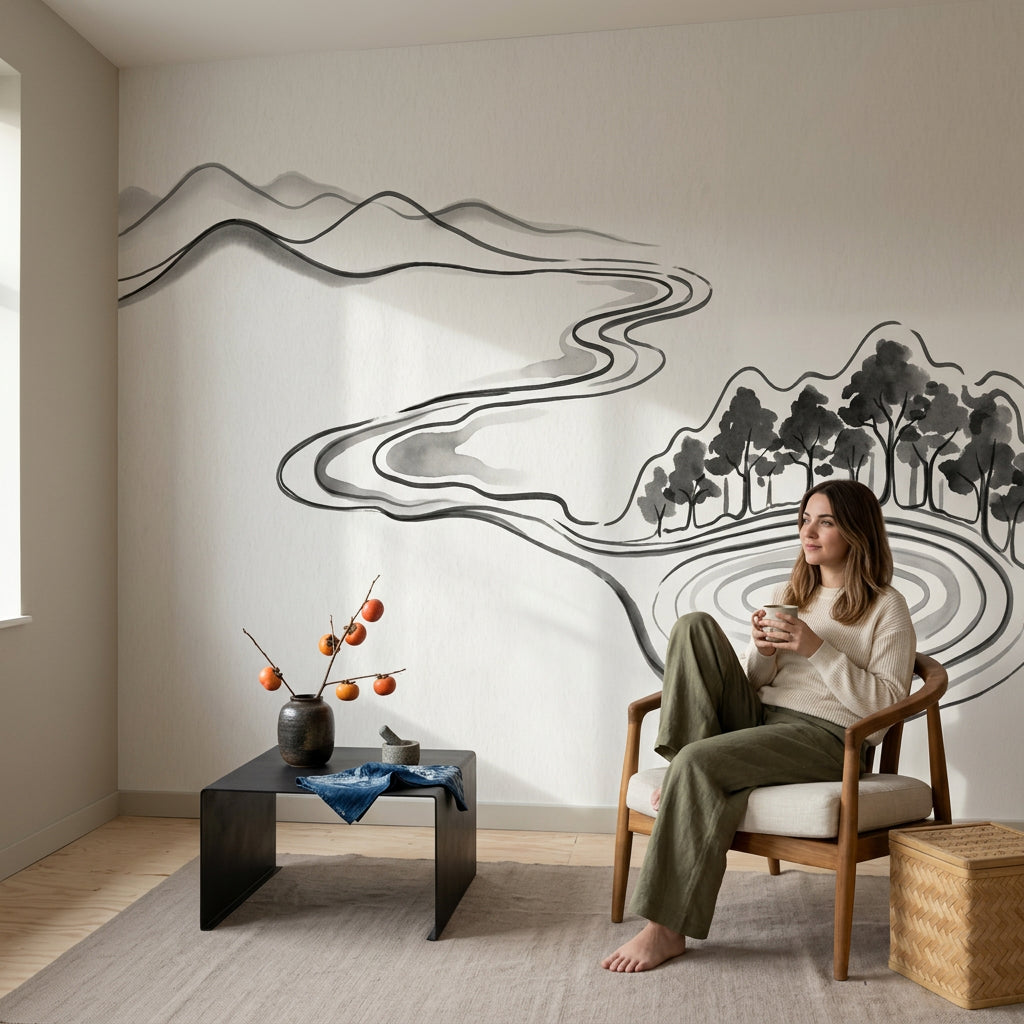 Minimalist Landscape Wallpaper Ink Wash Removable Monochrome Wall Decor