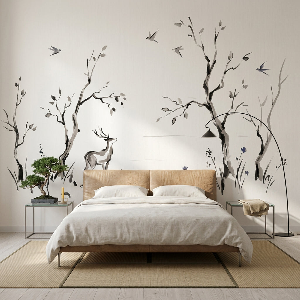 Minimalist Landscape Wallpaper Ink Wash Deer Wall Mural