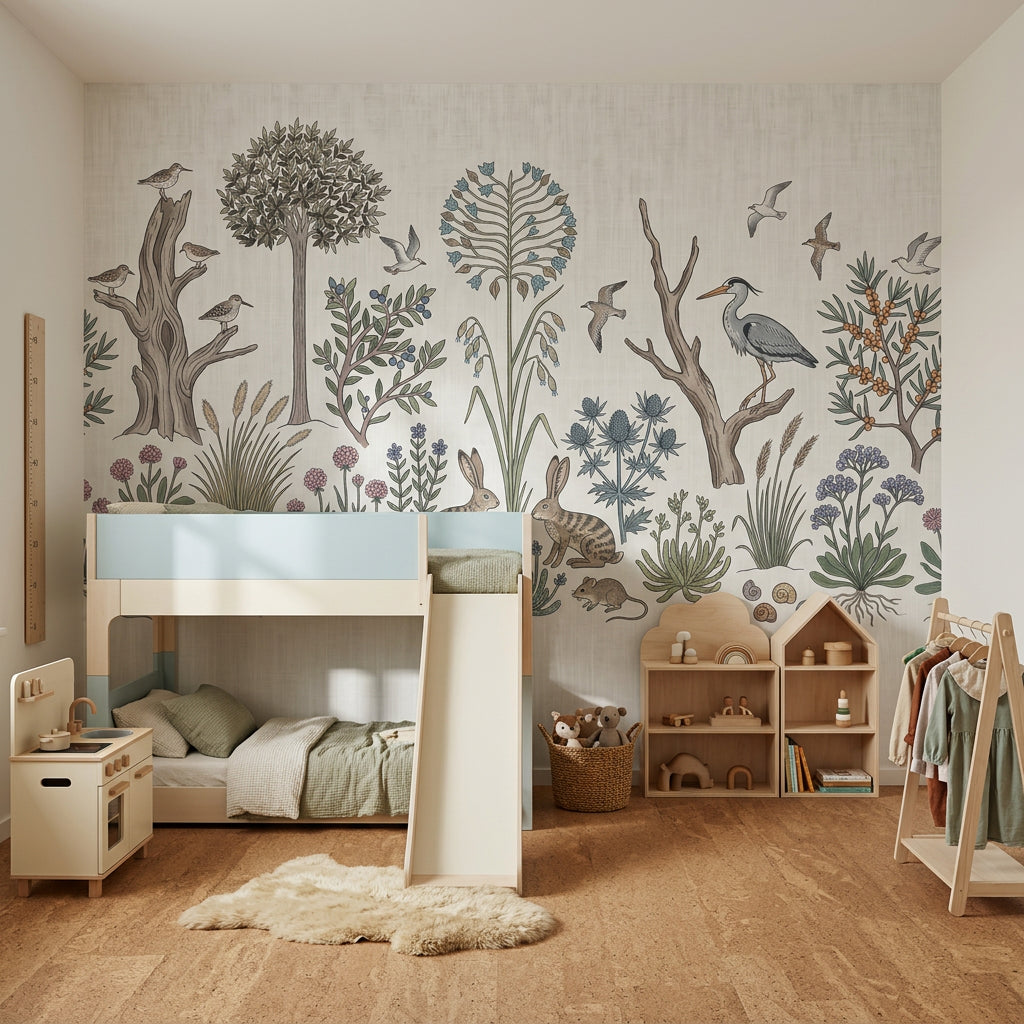 Vintage Botanical Wallpaper Woodland Meadow Rabbits Wall Mural
