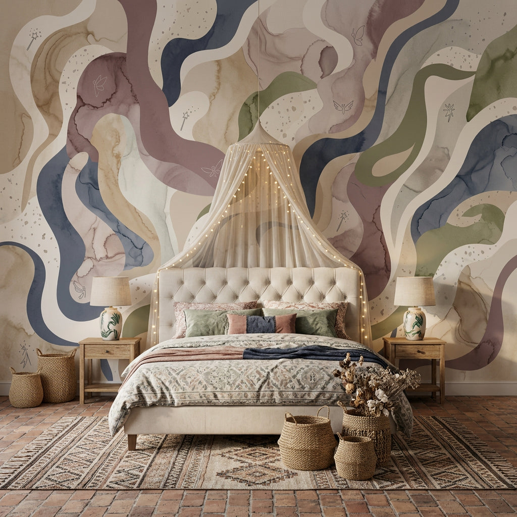 Wavy Ribbons Wallpaper Watercolor Muted Earth Tones Wall Mural