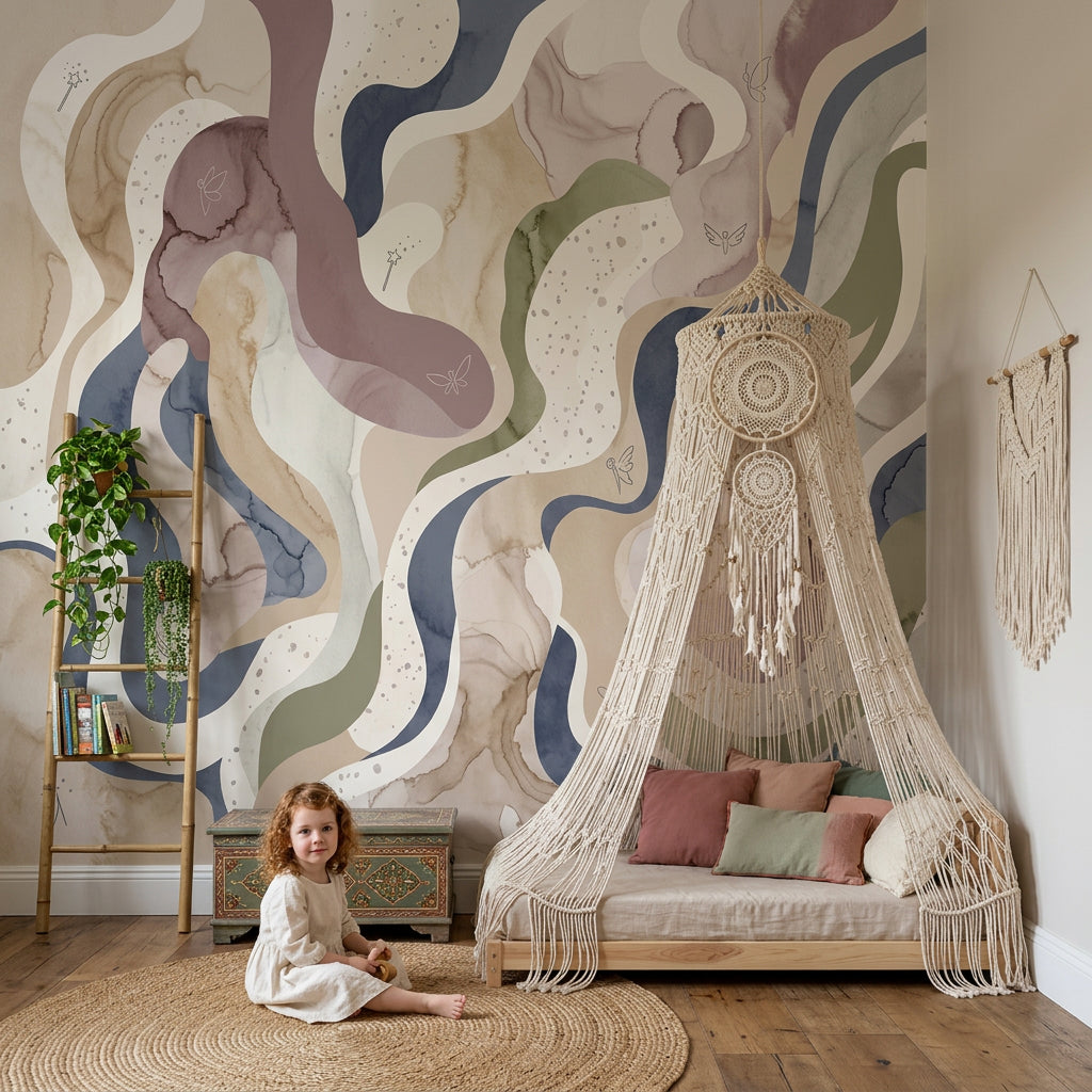 Wavy Ribbons Wallpaper Watercolor Muted Earth Tones Wall Mural