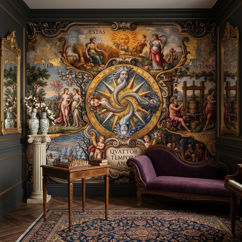 Four Seasons Wallpaper Baroque Frame Removable Zodiac Medallion Wall Decor