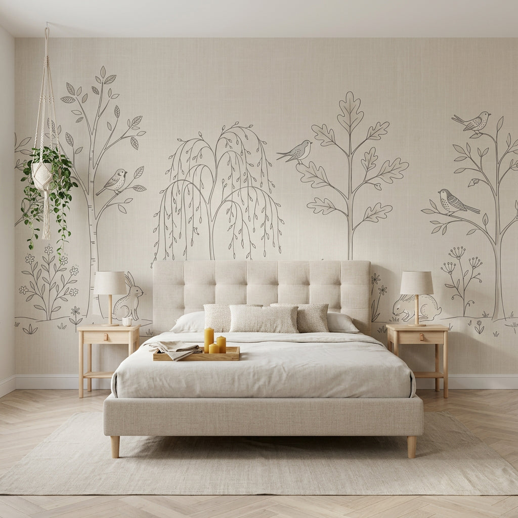 Woodland Wallpaper Forest Landscape Line Art Removable Wall Decor