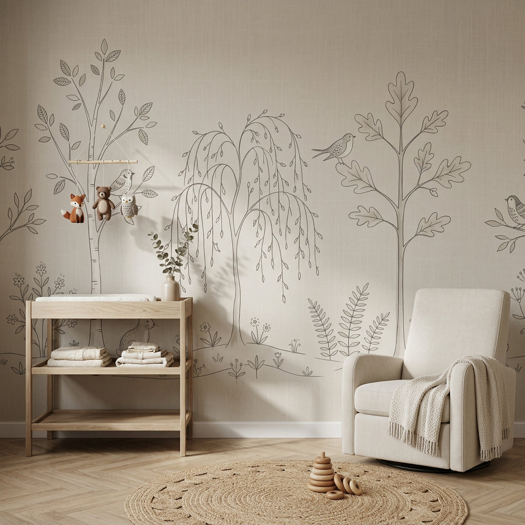 Woodland Wallpaper Forest Landscape Line Art Removable Wall Decor