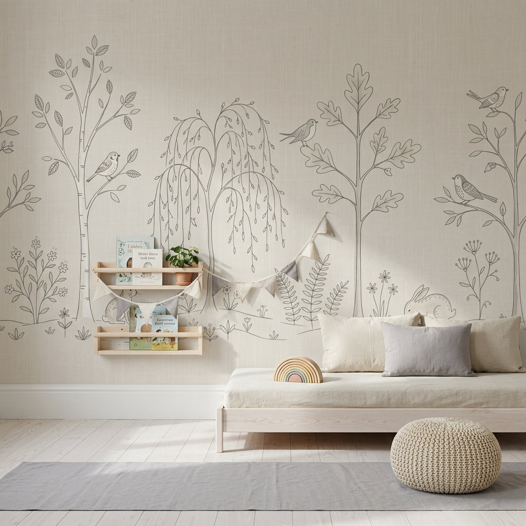 Woodland Wallpaper Forest Landscape Line Art Removable Wall Decor