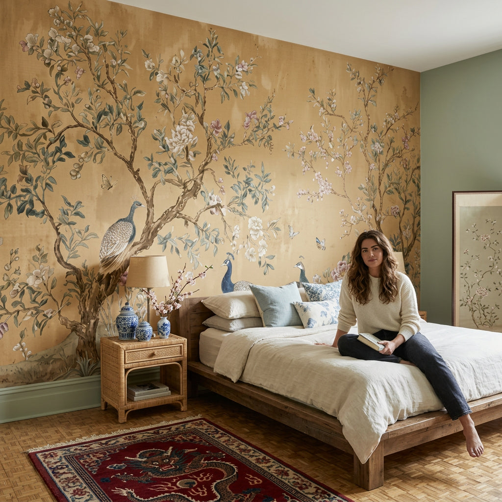 Chinoiserie Wallpaper Peacock Removable Blossoming Branches Wall Decor