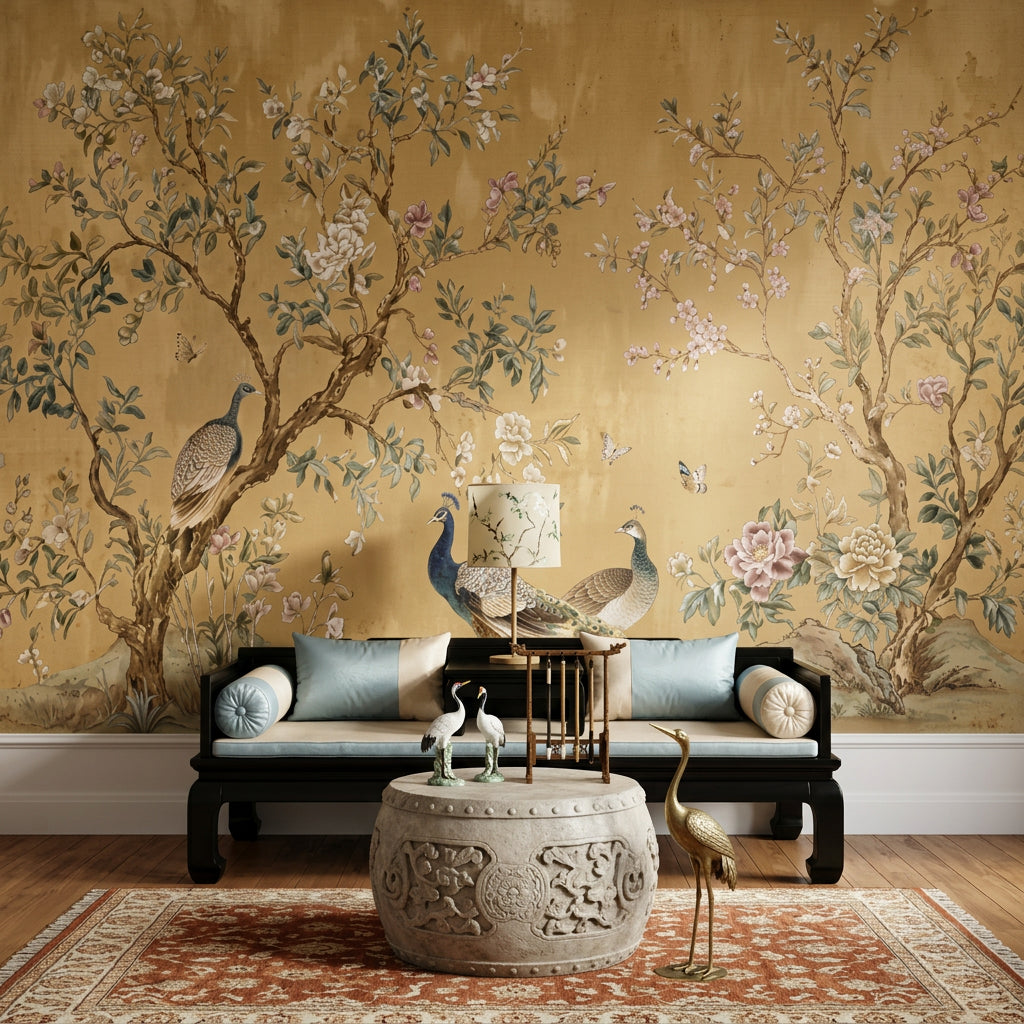 Chinoiserie Wallpaper Peacock Removable Blossoming Branches Wall Decor