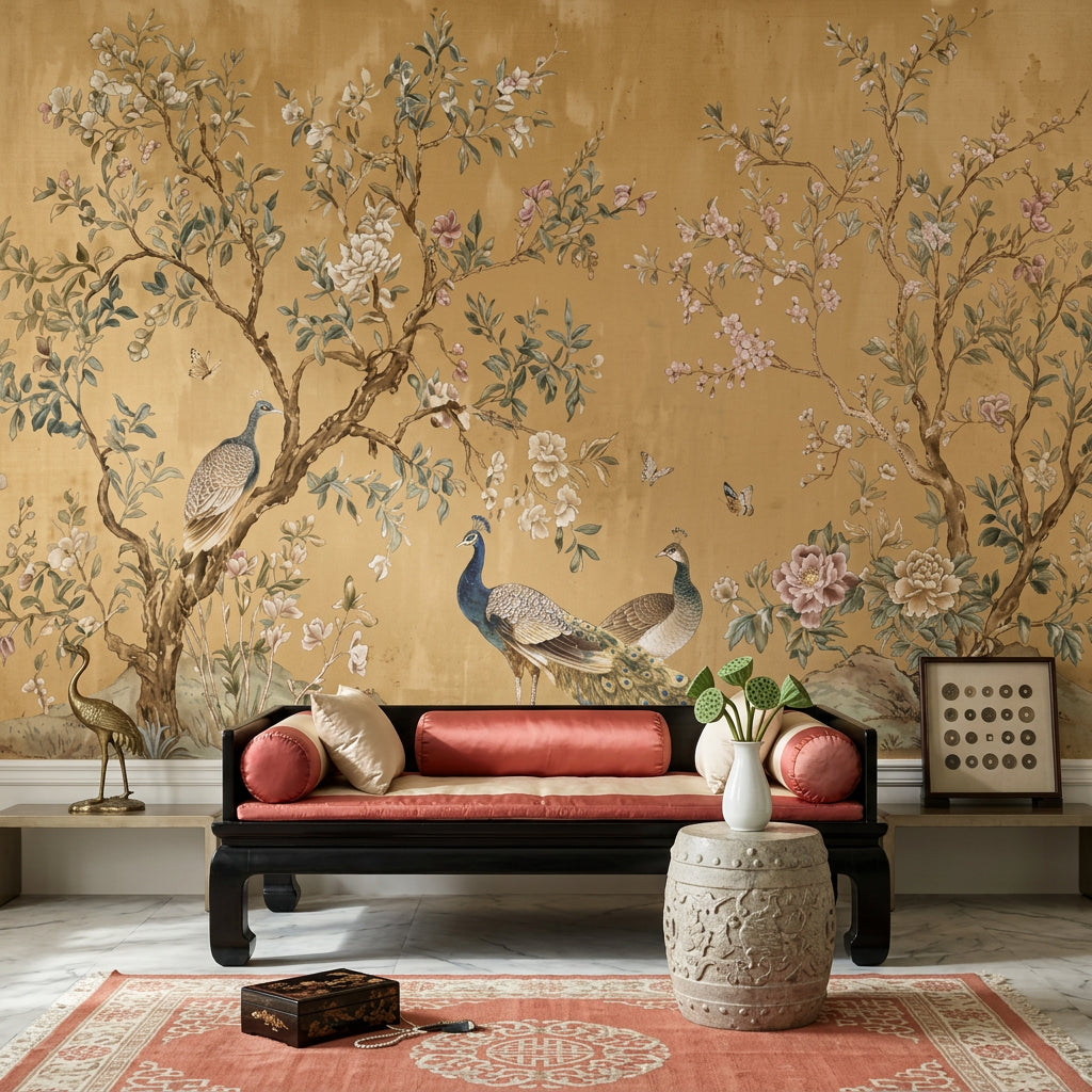 Chinoiserie Wallpaper Peacock Removable Blossoming Branches Wall Decor