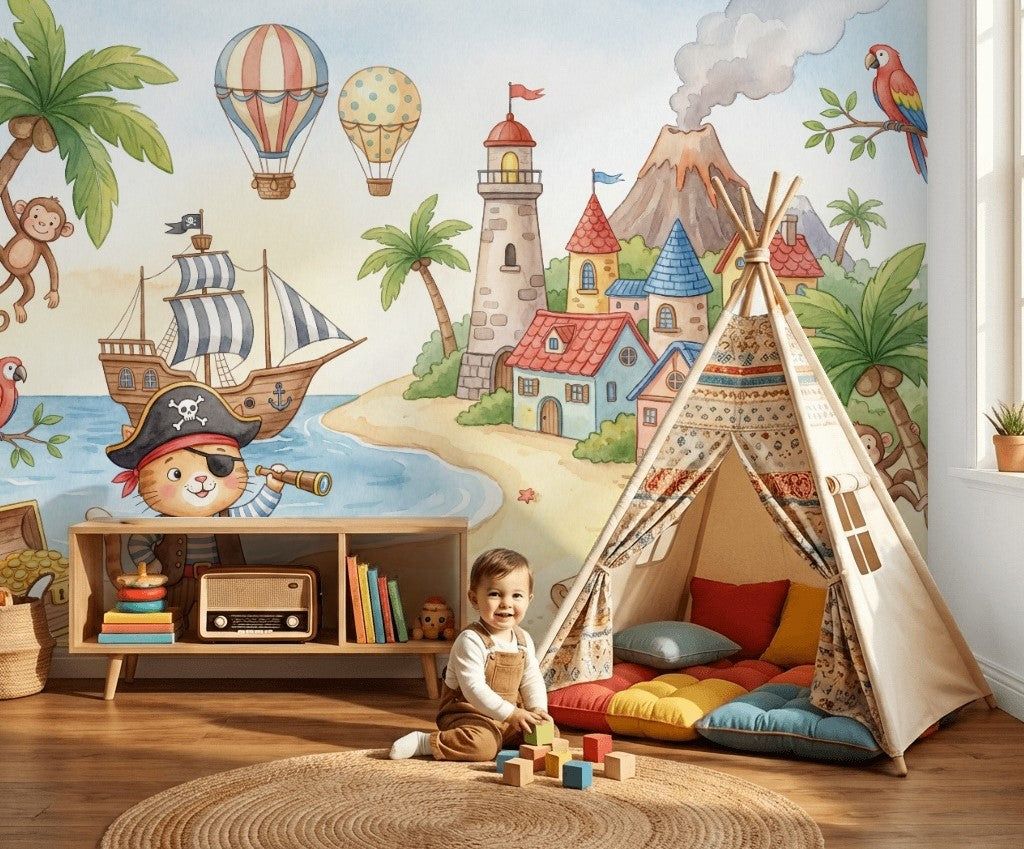 Pirate Island Wallpaper Coastal Landscape Removable Watercolor Illustration Wall Decor