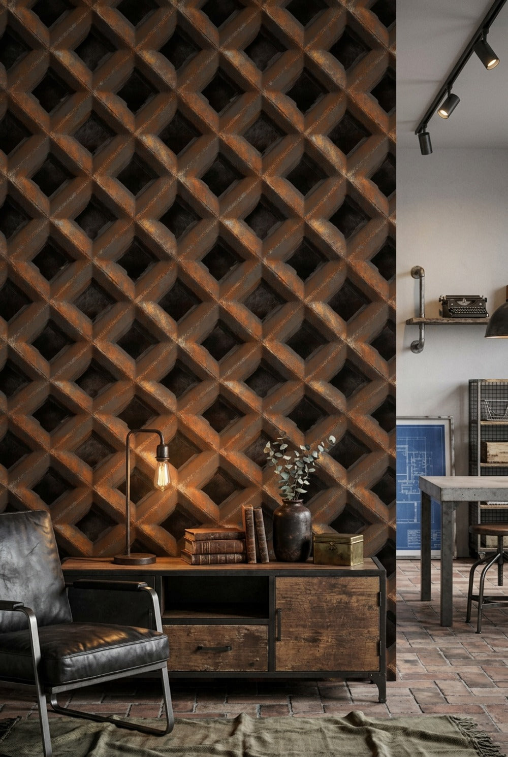Geometric Lattice Wallpaper 3D Illusion Metallic Copper Decorative Mural