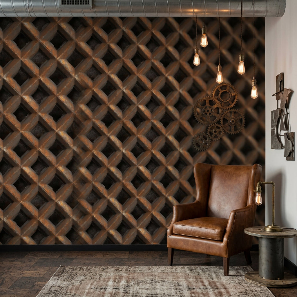 Geometric Lattice Wallpaper 3D Illusion Metallic Copper Decorative Mural