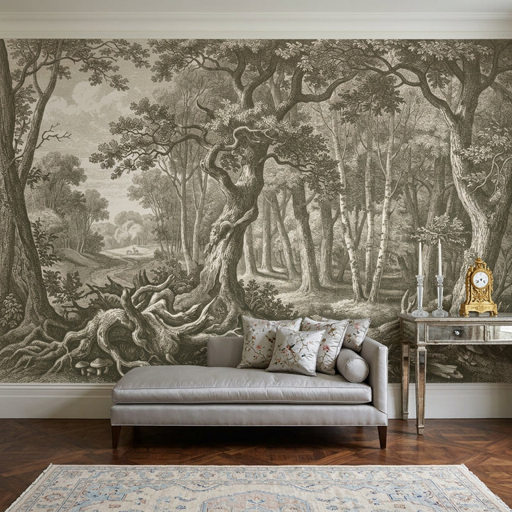 Vintage Forest Wallpaper Engraving Style Removable Woodland Landscape Wall Decor