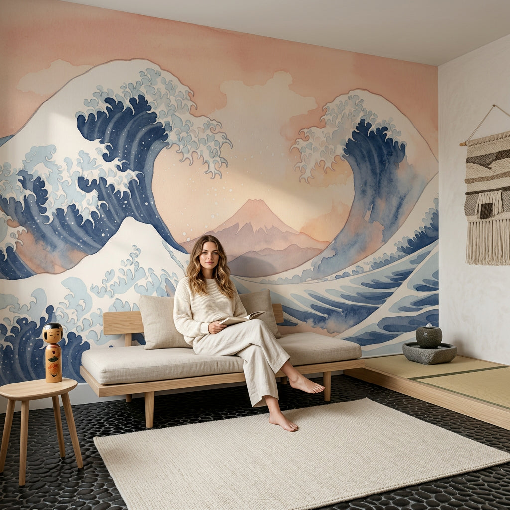 Ocean Waves Wallpaper Watercolor Japanese Inspired Removable Wall Decor