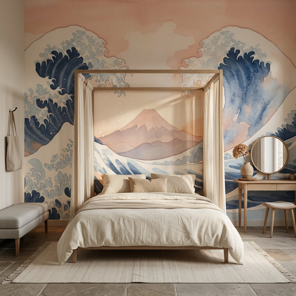 Ocean Waves Wallpaper Watercolor Japanese Inspired Removable Wall Decor