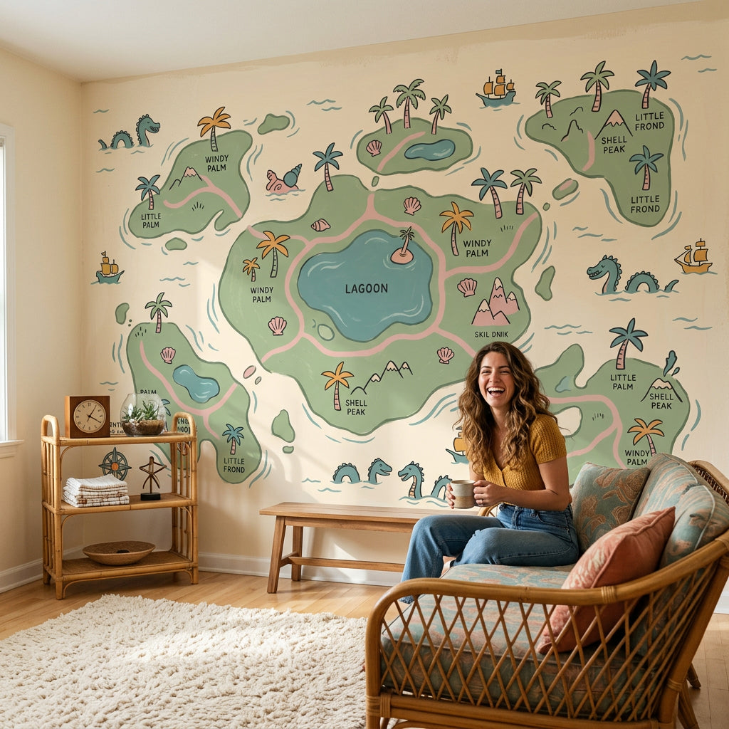 Tropical Island Map Wallpaper Lagoon Removable Pastel Illustration Wall Decor
