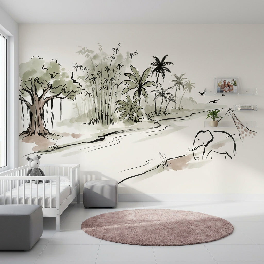 Tropical Landscape Wallpaper Watercolor Ink River Removable Wall Decor