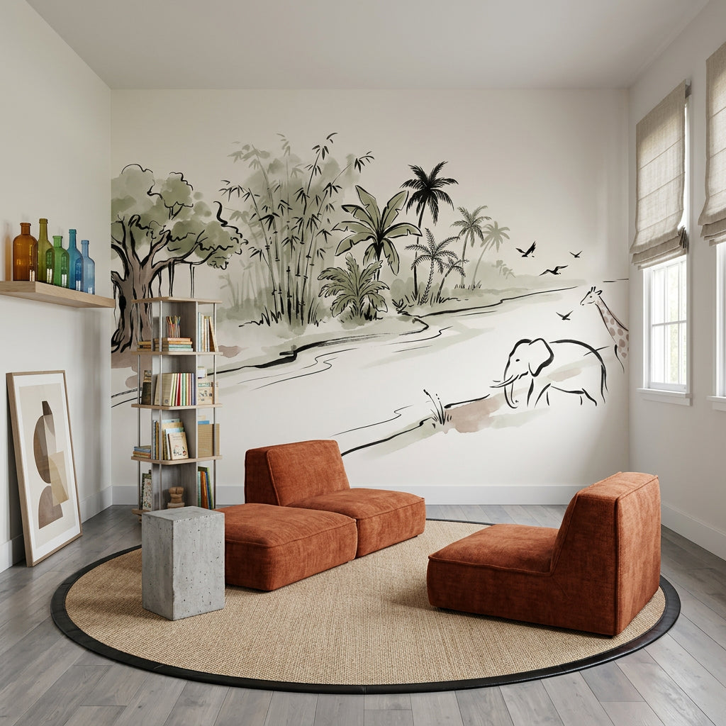 Tropical Landscape Wallpaper Watercolor Ink River Removable Wall Decor