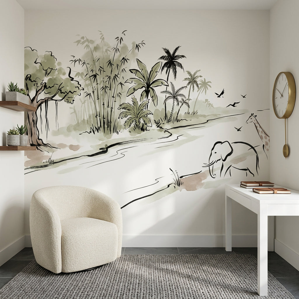 Tropical Landscape Wallpaper Watercolor Ink River Removable Wall Decor