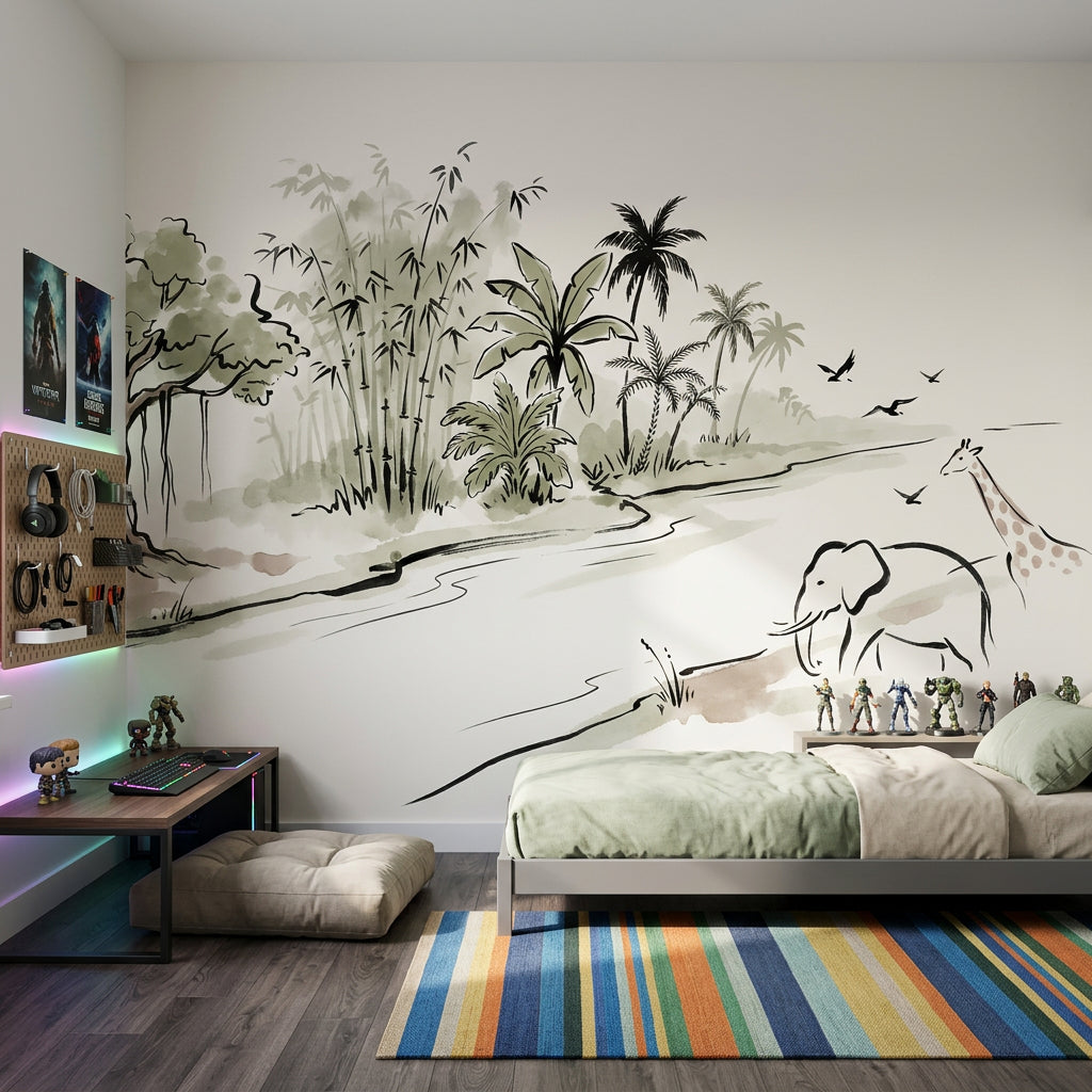 Tropical Landscape Wallpaper Watercolor Ink River Removable Wall Decor