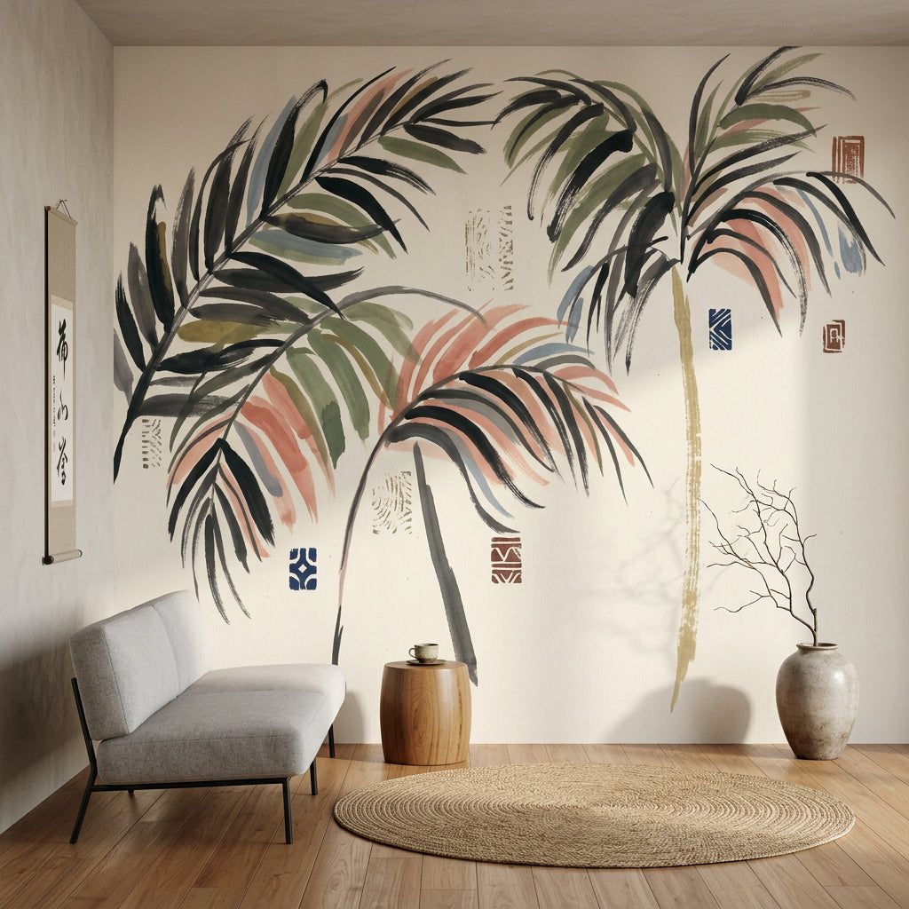 Tropical Palm Wallpaper Botanical Leaves Cream Background Wall Mural