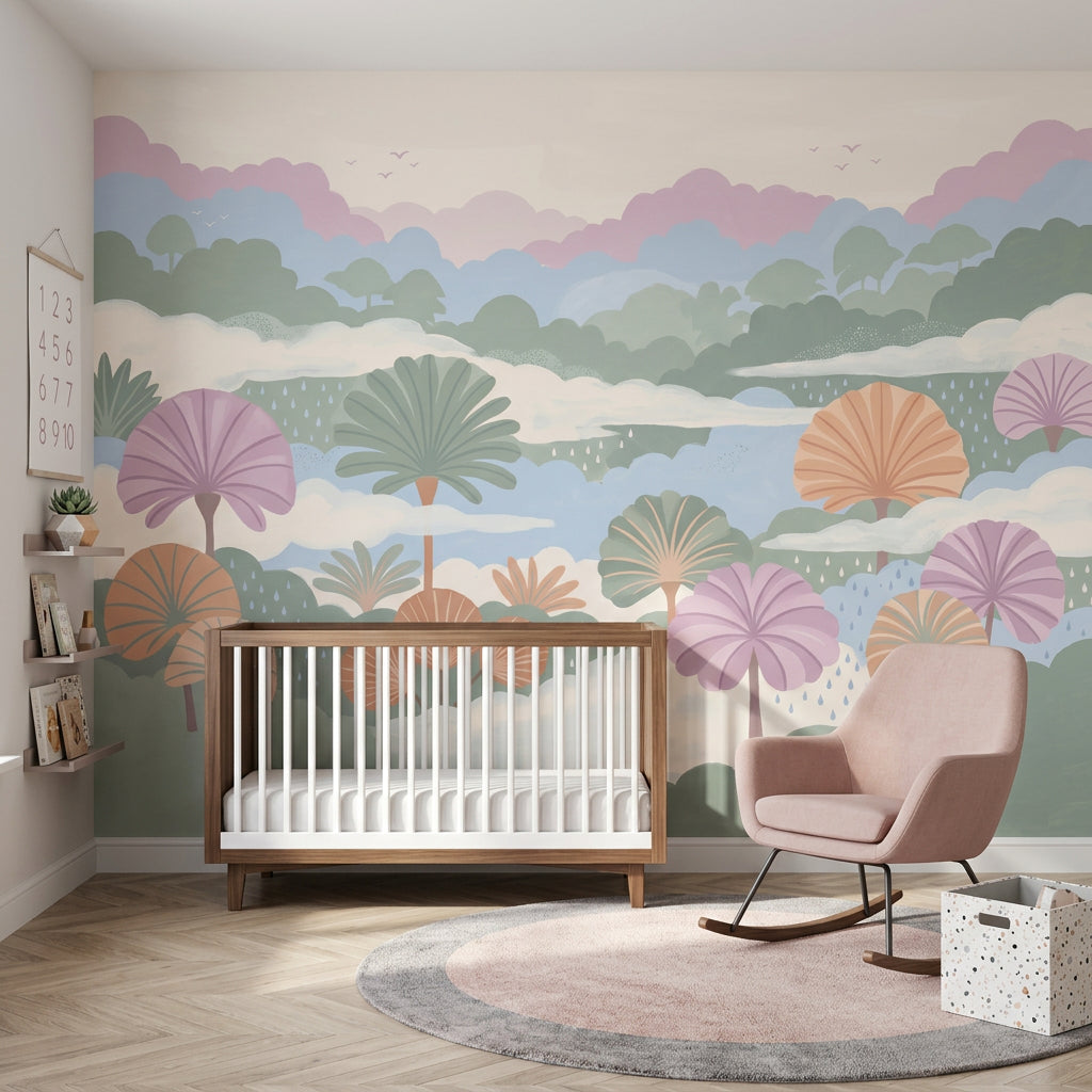 Pastel Landscape Wallpaper Stylized Trees Removable Layered Hills Wall Decor