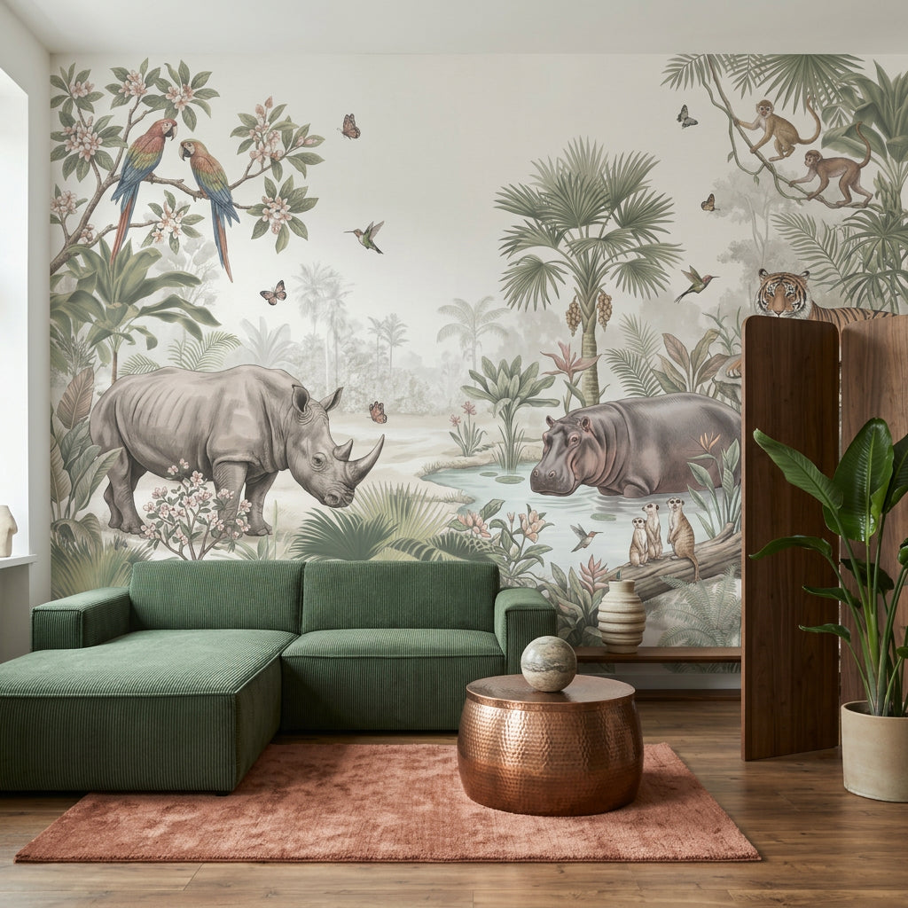 Tropical Jungle Wallpaper Wildlife Removable Watercolor Illustration Wall Decor