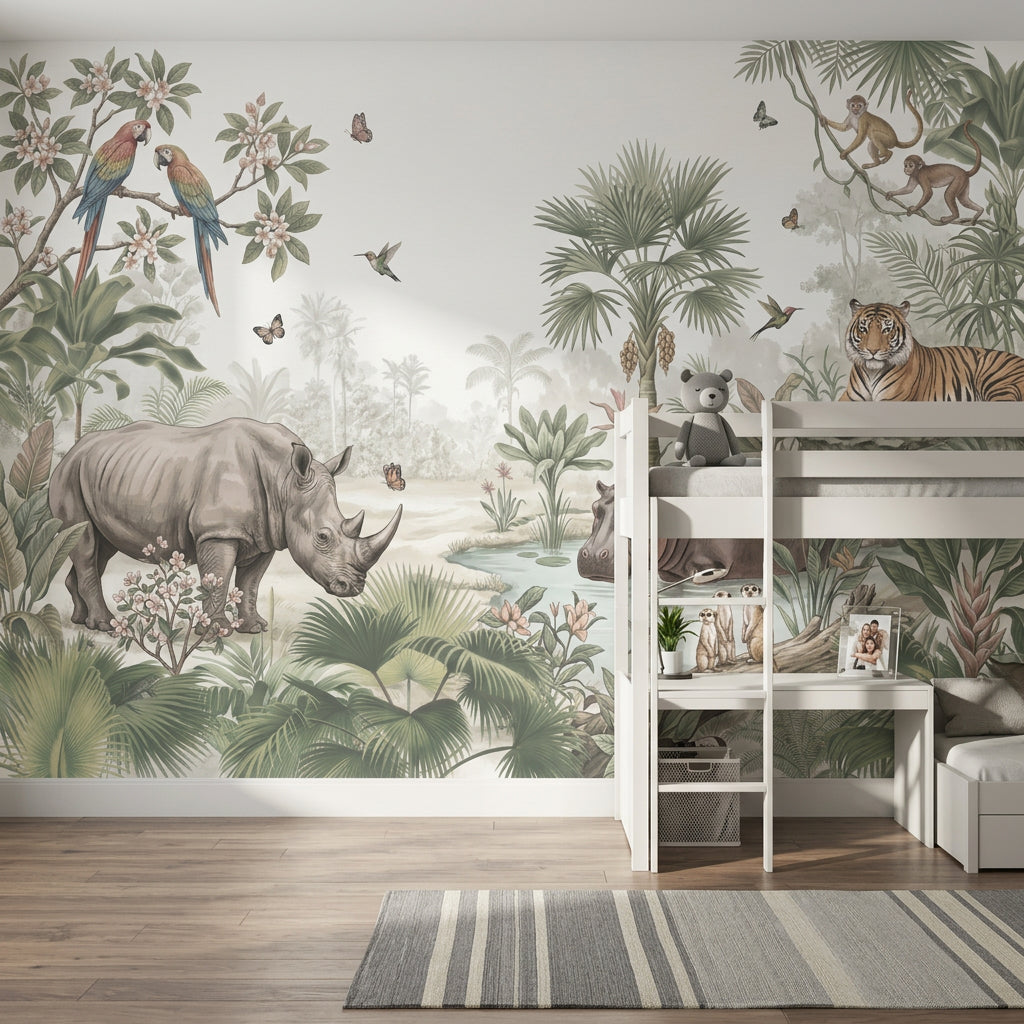 Tropical Jungle Wallpaper Wildlife Removable Watercolor Illustration Wall Decor