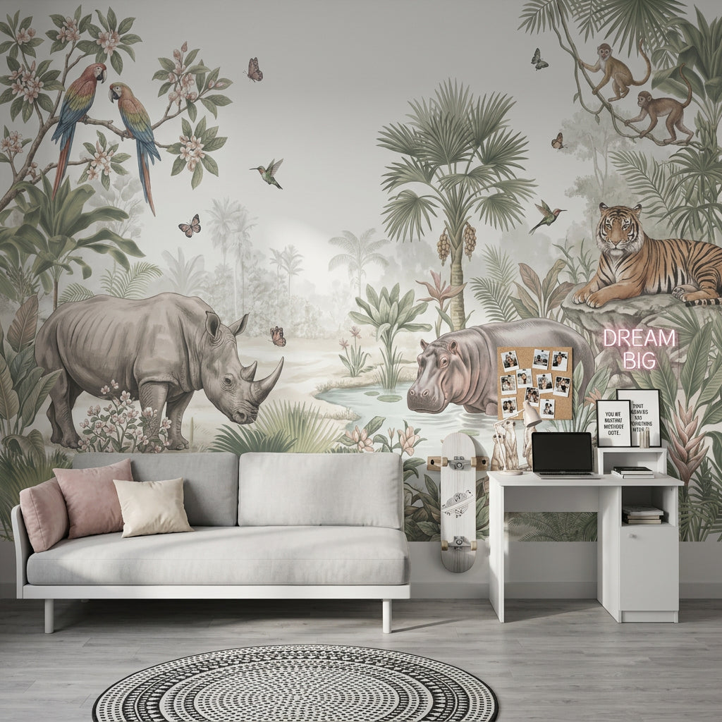 Tropical Jungle Wallpaper Wildlife Removable Watercolor Illustration Wall Decor