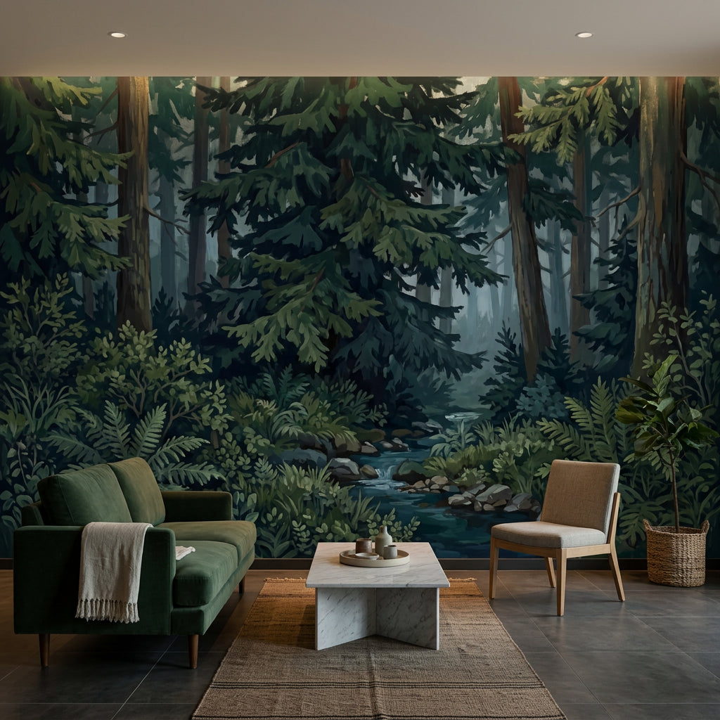 Misty Forest Wallpaper Evergreen Woodland Wall Mural