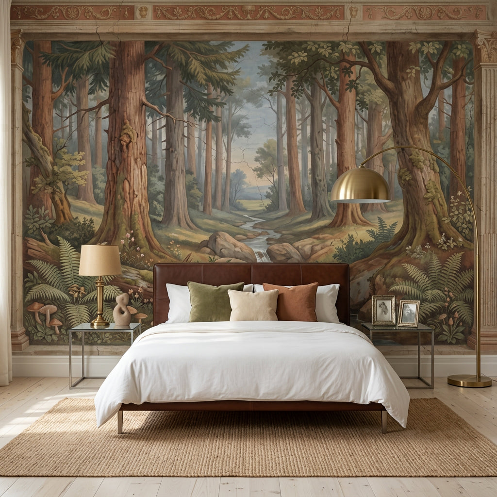 Forest Landscape Mural Wallpaper Stream And Waterfall Tall Trees Removable Wall Decor