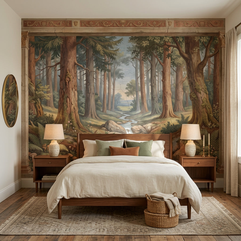 Forest Landscape Mural Wallpaper Stream And Waterfall Tall Trees Removable Wall Decor