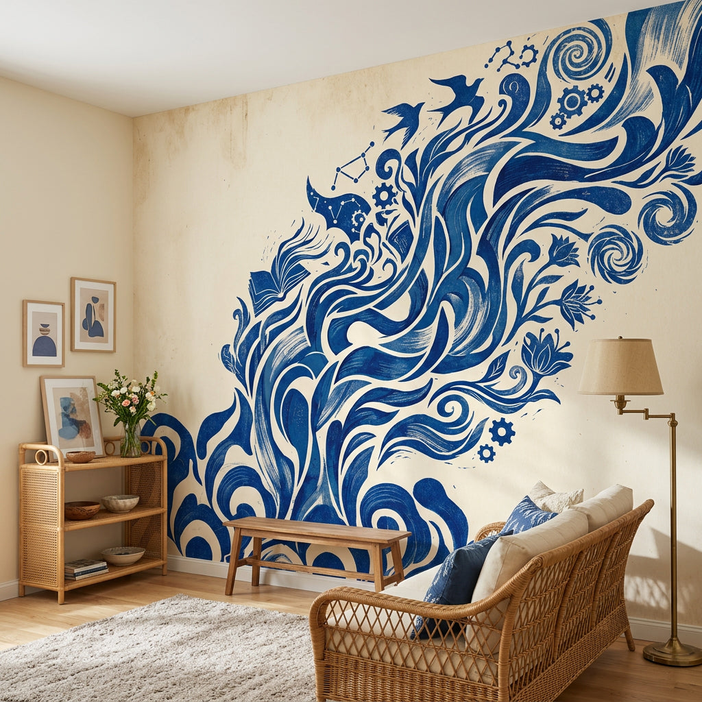 Swirling Waves Wallpaper Birds Gears Wall Mural