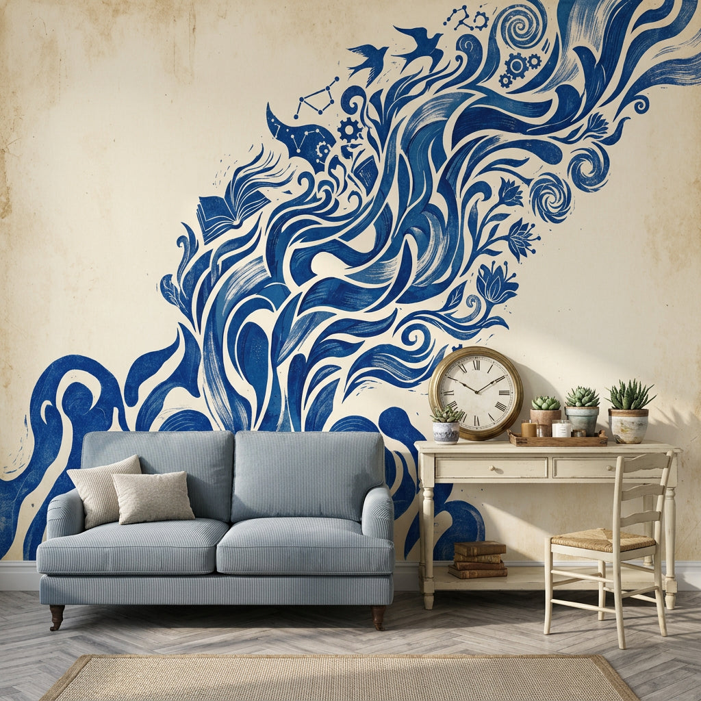 Swirling Waves Wallpaper Birds Gears Wall Mural
