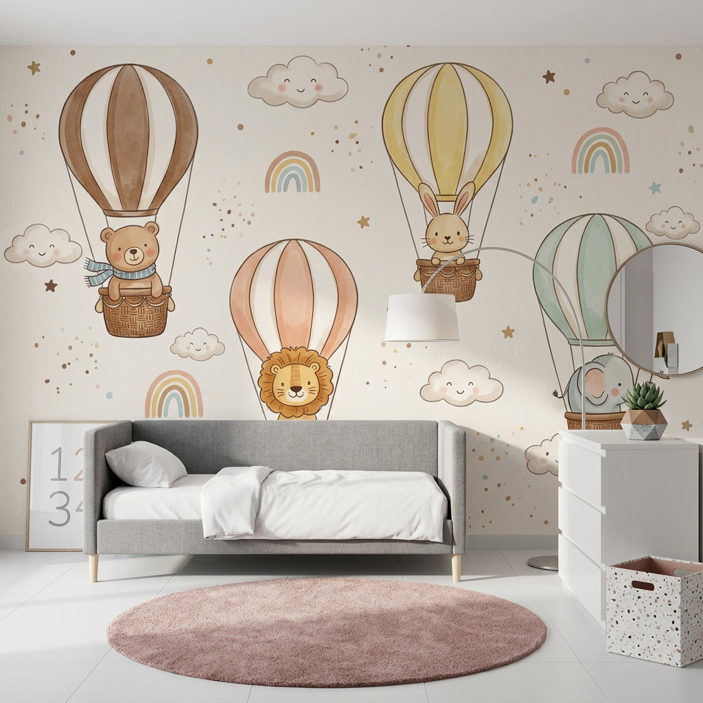 Nursery Wallpaper Hot Air Balloons Cute Animals Removable Wall Decor