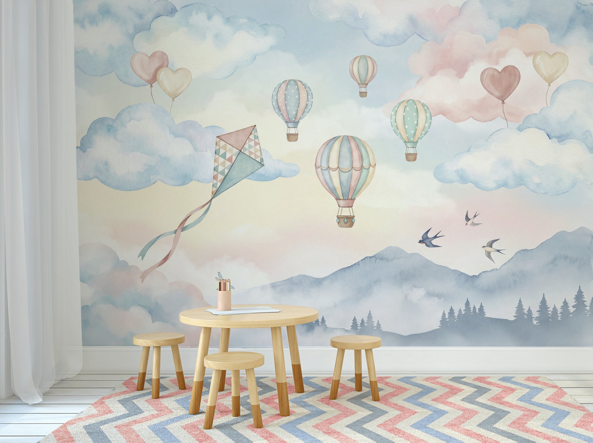 Pastel Watercolor Wallpaper Hot Air Balloons Soft Sky Wall Mural
