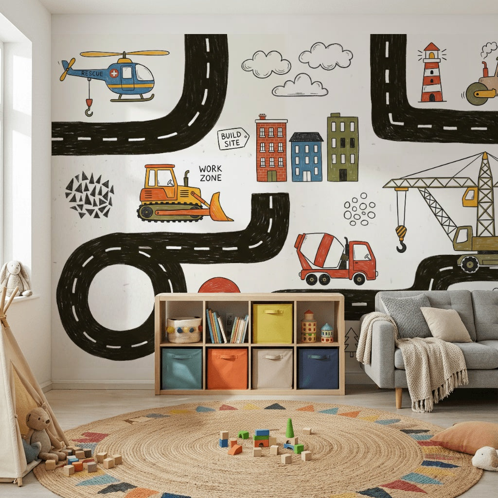 White Background Wallpaper Construction Vehicles Kids Road Map Removable Wall Decor