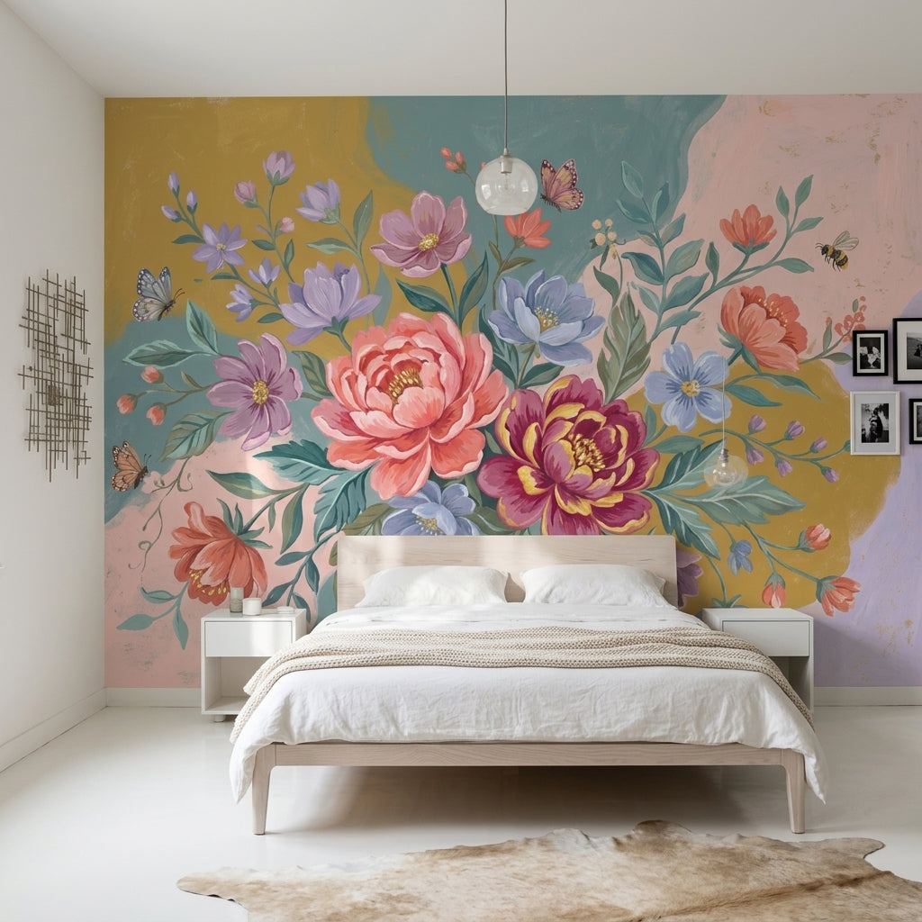Floral Bouquet Wallpaper Peony Flowers Pastel Background Removable Wall Decor