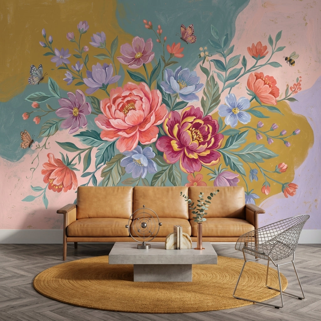 Floral Bouquet Wallpaper Peony Flowers Pastel Background Removable Wall Decor