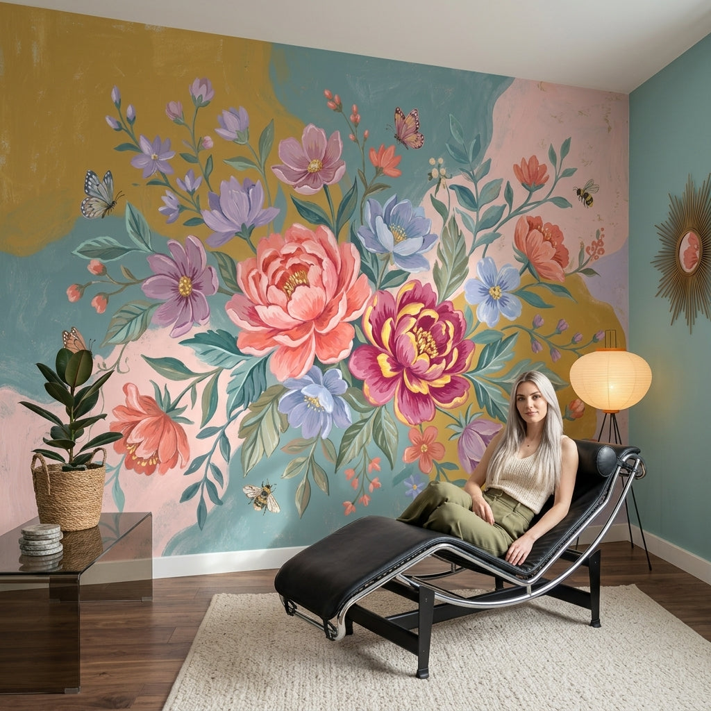 Floral Bouquet Wallpaper Peony Flowers Pastel Background Removable Wall Decor