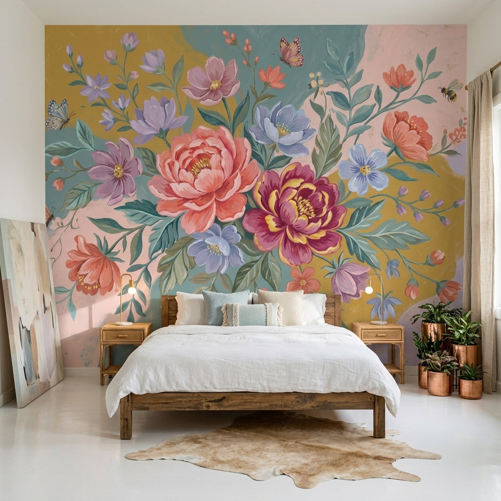 Floral Bouquet Wallpaper Peony Flowers Pastel Background Removable Wall Decor